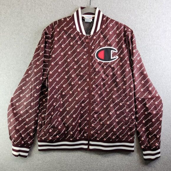 Champion Jacket Mens L Brown Allover Script Satin Baseball Mesh Lined Varsity - Picture 15 of 15